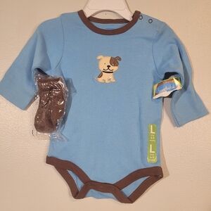 Blue and brown baby bodysuit with puppy design, size 6 to 9 months. NWT.